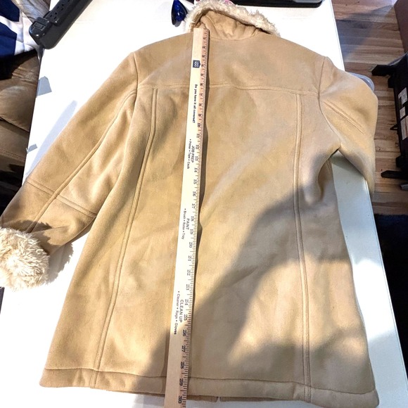 Liz Claiborne Faux Suede Coat Jacket Faux Fur‎ Collar Cuffs Tan Medium M - Picture 6 of 10